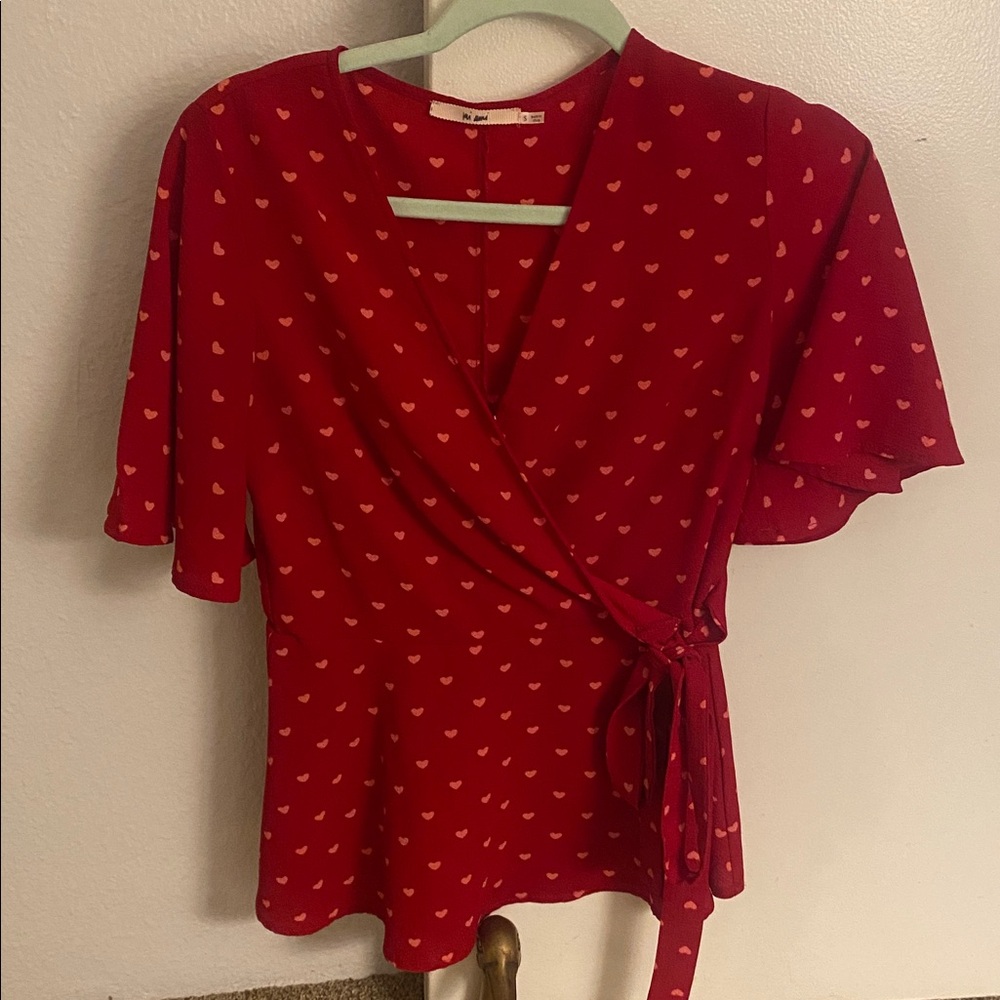 Red Heart Print Faux Wrap Top
